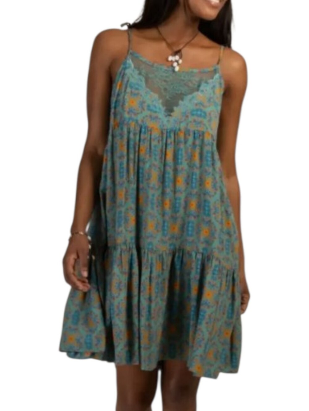 Natural Life NWT Grace Mini Dress Size XS Blue & Orange Floral Tiered Lace Neck